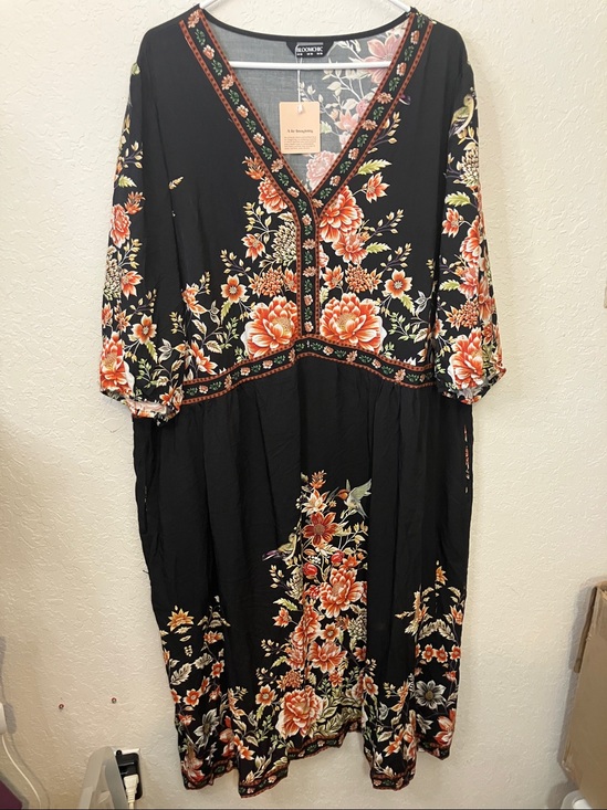 BloomChic Dresses & Skirts - BloomChic Black Midi Dress with Coral and Cream Floral Print